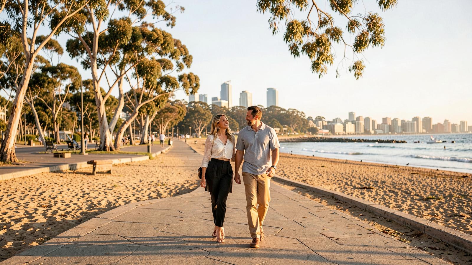 Couple walking along a sunny Australian beach esplanade with eucalyptus trees and a distant city skyline